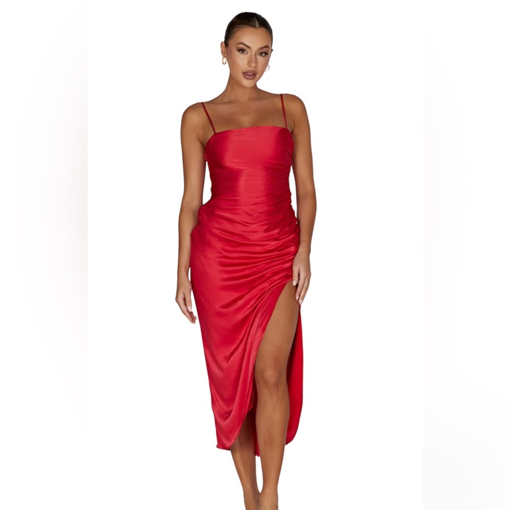 BLACK FRIDAY PRICE- Claudette Satin Drape Midi Dress - Red
Size S